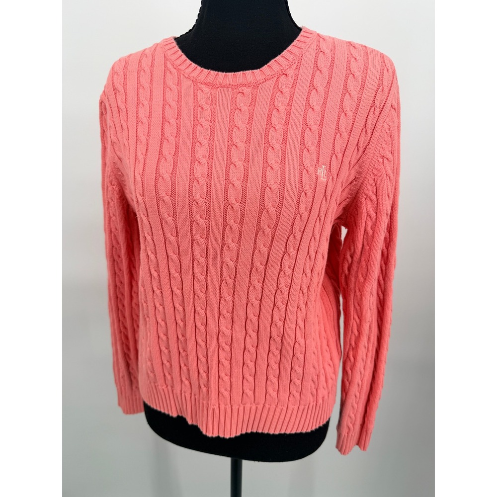 Lauren Ralph Lauren Sweater Women M Pink Excellent Cable Knit Cotton Crew Neck